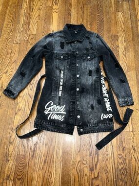 American Bazi Black Distressed Denim Jacket with White Script